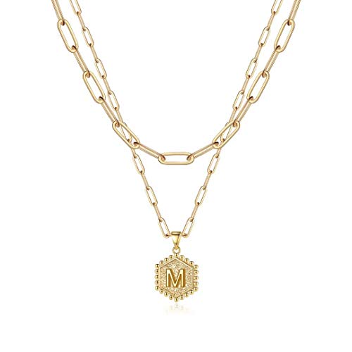 M MOOHAM Dainty Layering Initial Necklaces for Women Trendy - Cute Hexagon Letter Initial M Necklace Gold Layered Necklaces for Women Trendy
