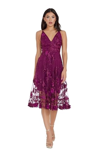 Dress the Population Women's Audrey Spaghetti Strap MIDI A-LINE 3D Floral Dress, Dark Magenta, L