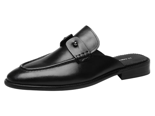 ELANROMAN Men's Loafers Backless Calf Leather Handmade Fashion Mules Black Shoes US 10