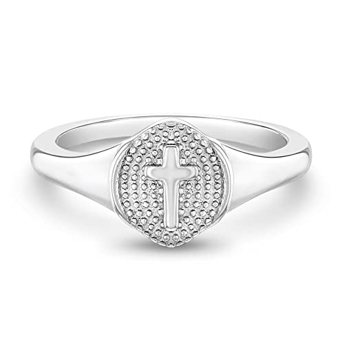 925 Sterling Silver Size 5 Small Classic Signet Religious Cross Rings for Preteens- Beautiful Oval Shape Plain Cross Ring Band for Young Ladies - Faithful Girl's Accessories for Daily Wear