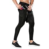 Odoland 2 Pack Mens Athletic Compression Running Pants, 2 in 1 Quick Dry Athletic Workout Sweatpants Shorts Gym Leggings with Pocket, Black/Grey, M