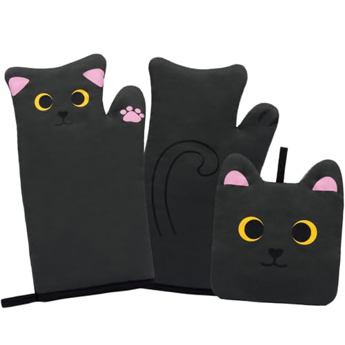 NIGOWAYS Oven Mitts,Cute Cat Design Cooking Glove,Quilted Cotton Lining,Heat Resistant Oven Mitts and Pot Holders Sets for Baking,Microwave,Cute Mitts Gift for Mom,Housewarming(Black)