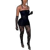 Kafiloe Sexy 2 Piece Outfits for Women Clubwear Lace Tube Mini Dress Top with Stockings Set Birthday Outfits Black L