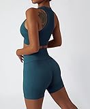 ABOCIW Women 2 Piece Seamless Gym Workout Sets Ribbed High Waist Biker Shorts with Racerback Sports Bra Yoga Crop Tank Top Yoga Exercise Outfit Teal Small