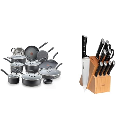 T-fal 28 Piece Set Ultimate Hard Anodized Nonstick Cookware Set With Ice Force Stainless Steel Kitchen Knife Set and Wood Block