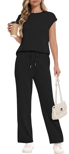 RUBZOOF Lounge Sets for Women 2 Piece Summer Outfits Matching Sets Women Clothing Holiday Outfits Business Casual Pants Set Airport Travel Outfits 2025 Black S