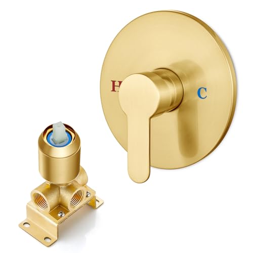 Heyalan Bathroom Shower Valve Mixer Single-Function Single Handle Trim Kit Wall Mount Brass Faucet Shower Rough-In Valve Female Thread,Round,Brushed Gold