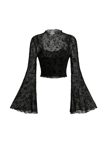 Verdusa Women's Goth Grunge Clothes Y2K Mesh Long Bell Sleeve Crop Tops Country Concert Outfits Boho Tops Black Medium