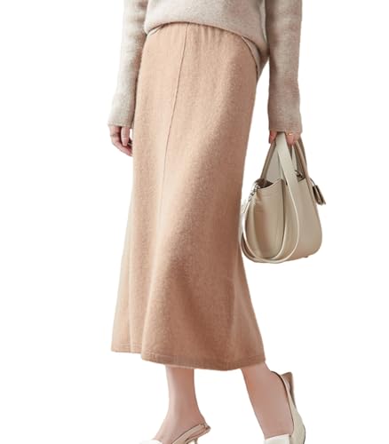Ailaile Mid Length Skirt Women Fall Winter 100% Merino Wool Knit Long Skirt Ribbed Elastic Solid Casual Warm Skirt Khaki