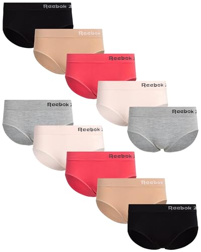 Reebok Women's Hipster Underwear - Seamless Hipster Briefs (10 Pack), Size Large, Grey/Pink/Black