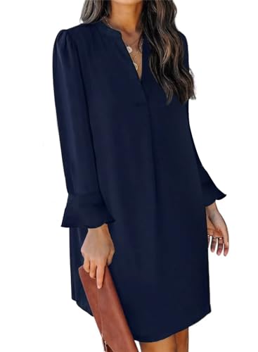 QACOHU Ladies V Neck Long Sleeve Spring Autumn Mini Dress Breathable Soft Skin Friendly Comfortable Tunic Dress Blue L