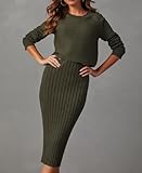 Ezbelle Women's 2025 Fall 2 Piece Sweater Dresses Rib Knit Long Sleeve Crop Top Sexy Bodycon Dress Casual Outfits Sets Army Green Small