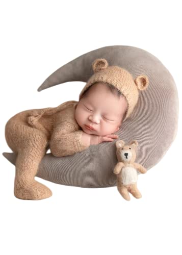 Fashion Newborn Boys Girls Baby Photo Shoot Props Outfits Crochet Clothes Mohair Hat Pants Photography Props Costume (Khaki)