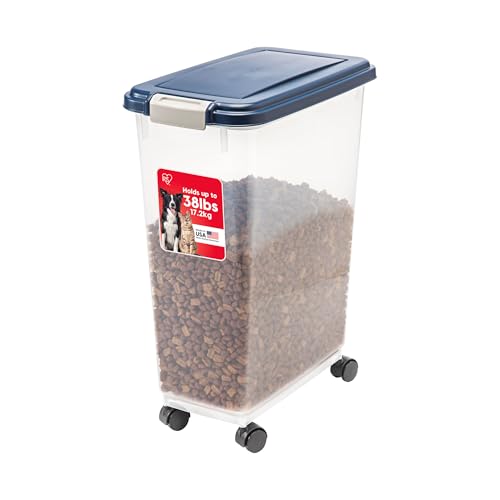 IRIS USA Airtight Dog Food Storage Container, Up to 38 lbs, Attachable Wheels, For Dog Cat Bird and Other Pet Food Storage Bin, Keep Fresh, Translucent Body, Easy Mobility, Navy