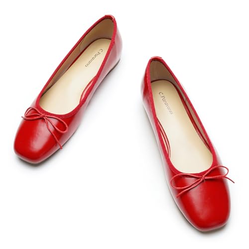 C.Paravano Flats Shoes for Women | Women's Flats | Round Toe Flats | Red Ballet Flat | Womens Leather Shoes | Slip On Dressy Shoes (Size 7,Red-d)