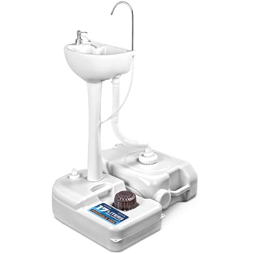 SereneLife Portable Camping Sink with 5 Gallon Water Tank, 6.4 Gallon Waste Tank, Hands-Free Foot Pump, Soap Dispenser & Towel Holder – Perfect for Camping, Worksites, Outdoors