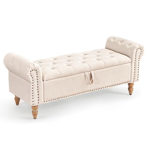 Furniliving 51” Storage Benches, End of Bed Bench with Button-Tufted Large Upholstered Storage Ottoman Linen Window Bench with Storage Shoe Cabinet Bench, for Bedroom, Entryway, Closet, Beige