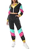 Yisfri Women's Vintage 80s 90s 2 Piece Outfit Retro Neon Full Zip Windbreaker Tracksuits Themed Party Joggers Set (Large, Black)