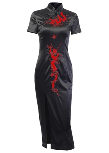TSMNZMU Cheongsam Dress for Women Gothic Asian Long Dresses Dragon Print Chinese Maxi Dress Japanese Harajuku Lolita Dresses E-Black