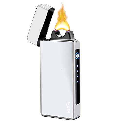 RSBYE Electric Windproof Lighter, Pulsed Flame Plasma-Flame Arc Lighter - Rechargeable USB with Battery Indicator (Silver)