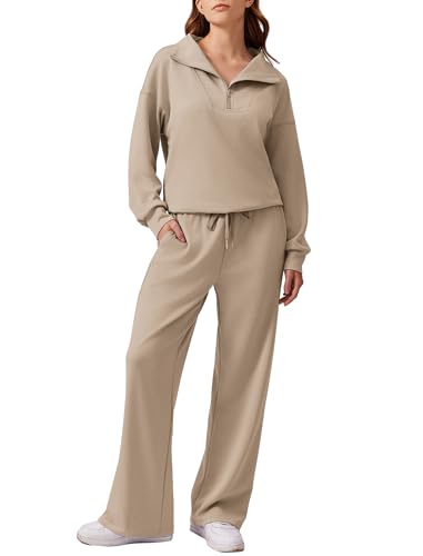 PINSPARK Womens Sweatsuits 2 Piece Set Quarter Zip Sweatshirt Wide Leg Sweatpants Matching Lounge Set Travel Tracksuit, Light Khaki M