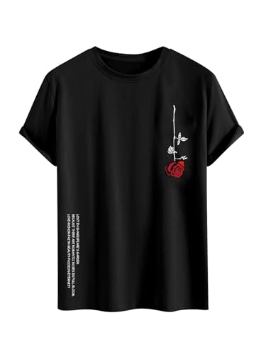 RoseSeek Men's Graphic Tees Floral Print Short Sleeve Crew Neck Vintage Tee Shirt Casual Summer Tee Tops Rose Black Large