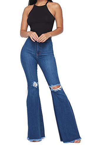 Vibrant Women's Juniors Rip Knee Bell Bottom High Waist Fitted Flare Leg Pants Denim Jeans EP1708 MStone 5