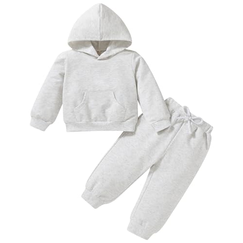 Happy Town Baby Fall Outfits for Girl Boy Long Sleeve Hoodie Top and Long Sweatpants Set Toddler Sweatsuit (Solid Color-Grey White, 18-24 Months)