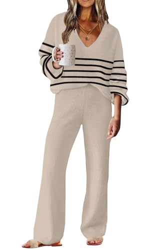 ETCYY NEW Womens 2 Piece Outfits Sweater Lounge Set Casual V Neck Knit Pajama Set Long Sleeve Top Wide Leg Pants Loungewear