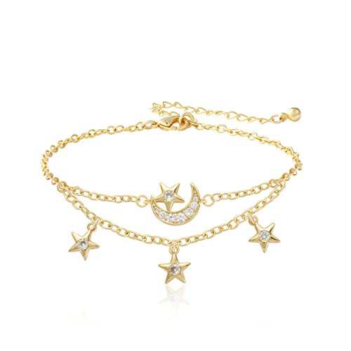 Mesovor Dainty Moon Star Link Bracelet, 16K Gold Plated Adjustable Link Chain | Sparkling Zirconia Bracelet for Women (Gold)