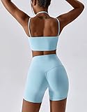 ABOCIW Workout Sets for Women Halter Bandeau Sport Bra Crop Tops High Waist Booty Shorts 2 Piece Gym Set Fitness Yoga Outfits Z-Light Blue Medium