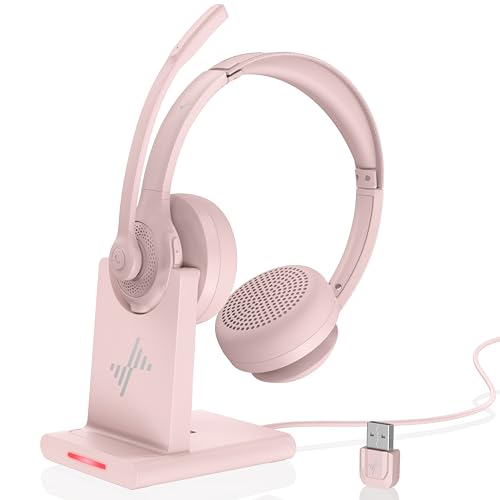 Wireless Headset with AI Noise Cancelling Microphone Bluetooth Headset - Bluetooth V5.2 Headphones with USB Dongle, Charging Base & Mic Mute for Computer/Laptop/PC/iPhone/Android/Cell Phones (Pink)