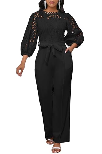 IWFEV Women's Jumpsuit Puff Sleeve Lace Jumpsuit Mid-Calf Short Sleeve Hollow Party Evening Romper with Pockets XL Black