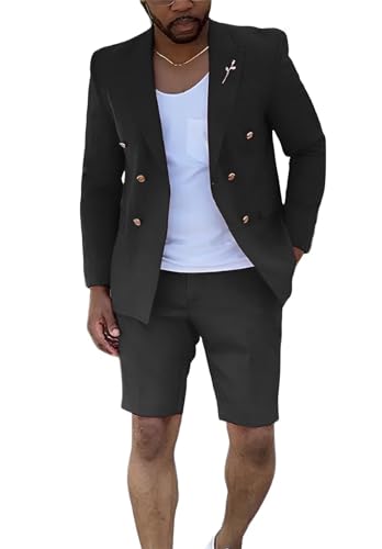 Trasign Mens’ Black Suits Slim Fit 2 Pieces, Summer Formal Shorts Suit for Men Wedding Prom Tuxedo, Business Suit Jacket Short Pants Set, M