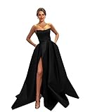 MllesReve Womens Long Strapless Satin Prom Dress Sleeveless Slit Evening Ball Gown with Pockets Black Size 4