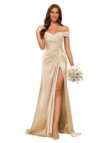 Dessiny Women's Champagne Off Shoulder Bridesmaid Dresses with Slit 2025 Mermaid Satin Ruched Bodycon Bridesmaid Dress Long US8