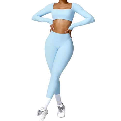 2 Piece Workout Sets for Women Long Sleeve Crop Tops and Yoga Pants Outfits High Waist Flared Leggings Gym Sets Blue S