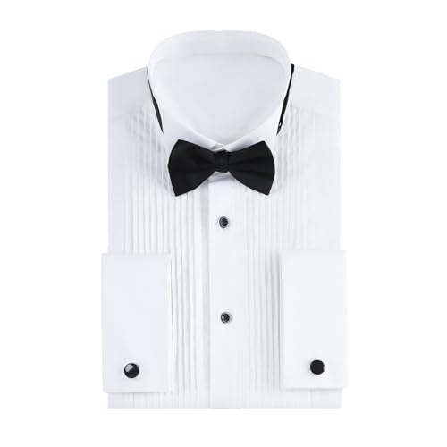 Gollnwe Tuxedo Shirts for Men Wing Collar French Cuff with Cufflinks and Bow Tie Mens Dress Shirt for Wedding White S