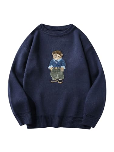 SHENHE Men's Oversized Crew Neck Cute Bear Sweater Vintage Unisex Preppy Sweater Jumper Deep Blue Small