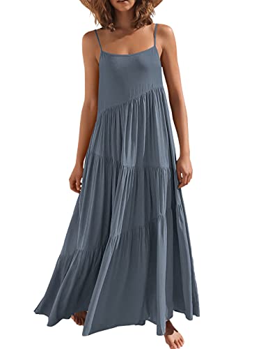 ANRABESS Women Summer Casual Loose Sleeveless Sundress Spaghetti Strap Flowy Boho Linen Beach Vacation Maxi Long Dress Gray Blue Large