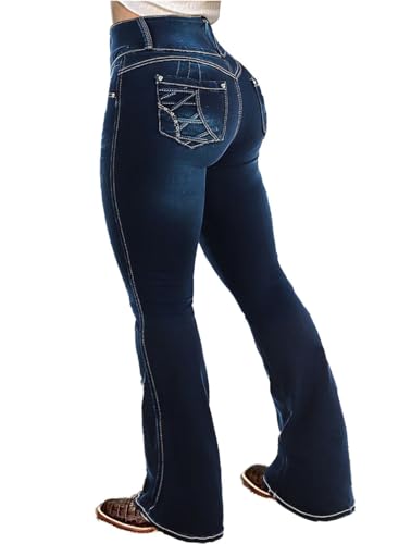 Flamingals Butt Lifting Bootcut Jeans Stretchy Casual Fall Winter Trendy Flare Leg Jeans for Women Cobalt Blue M