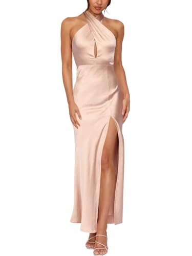 firfig Women's Halter Tie Neck Satin Dress Sleeveless Open Back Criss Cross Cutout Split Hem Slip Wedding Party Maxi Dress, Champagne XS