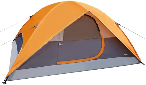 Amazon Basics 4-Person Camping Tent, 3-Season Dome Design with Rainfly, Orange/Grey