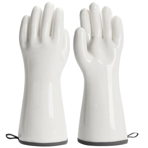 HOLDZERO Oven Gloves Liquid Silicone Gloves Food Grade Heat Resistant Mitts with Fingers, for Cooking Baking Grilling Waterproof, with Nylon Liner, White, Large