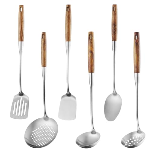 Lazycorner 304 Wooden Handle Stainlss Steel Kitchen Utensils Set 6 Pcs Cooking Utensils Set Heat Resistant Wooden Handle Kitchen Tools, Stainless Steel Wok Spatula