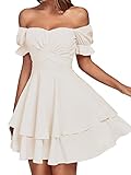 LYANER Women's Tie Back Off Shoulder Wrap Layer Ruffle Short Sleeve Mini Dress Beige Medium