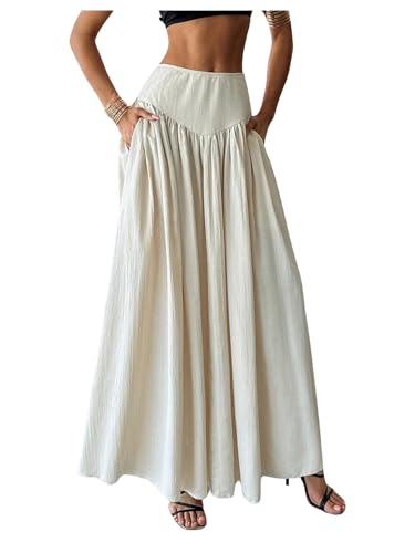 Milumia Women's Pleated Flowy Long Skirts High Waist Maxi Skirt with Pocket Apricot Large