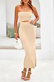 PRETTYGARDEN Women's Ribbed Knit Midi Bodycon Dress Sleeveless Cut Out Tube Tight Fitted Dresses (Solid Beige,Small)