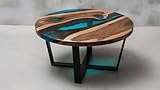 Round Coffee Table with Blue Epoxy Resin Inlay, Solid Walnut Wood Top, Black Metal Base (24" in)