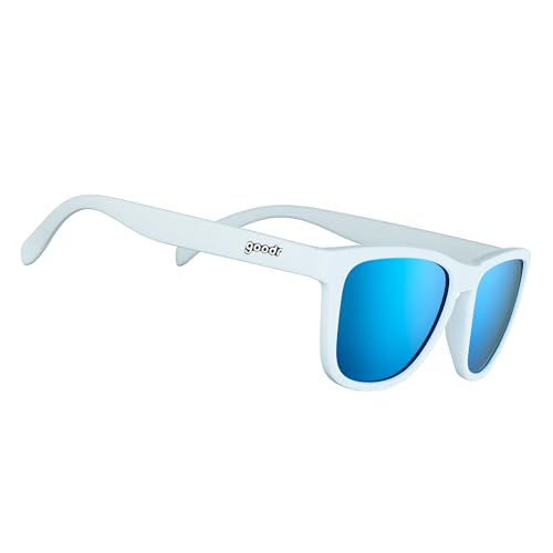 goodr Iced By Yetis Polarized Sunglasses for Men & Women, Medium Sized (OG), White Solid Frame with Blue Mirrored Reflective Lens, UV400 Protection, No Slip, No Bounce